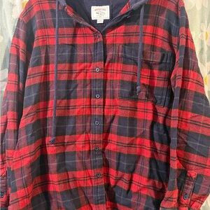American Eagle Navy Hooded Plaid Shirt with Red Accents